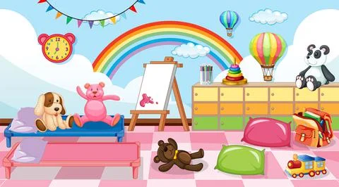 Empty kindergarten classroom interior with many kid toys Stock Illustration