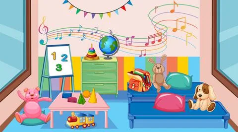 Empty kindergarten classroom interior with many kid toys Illustrazione stock