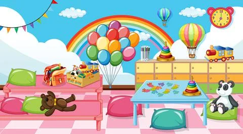 Empty kindergarten classroom interior with many kid toys Stock Illustration
