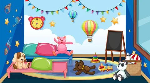 Empty kindergarten classroom interior with many kid toys 스톡 일러스트