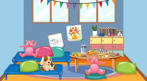 Empty kindergarten classroom interior with many kid toys Stock Illustration