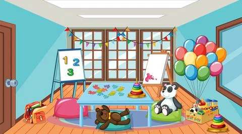 Empty kindergarten classroom interior with many kid toys Stock Illustration