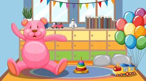 Empty kindergarten classroom interior with many kid toys Stock Illustration