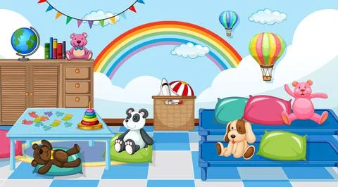 Empty kindergarten classroom interior with many kid toys Stock Illustration