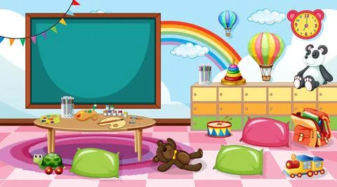 Empty kindergarten classroom interior with many kid toys Stock Illustration