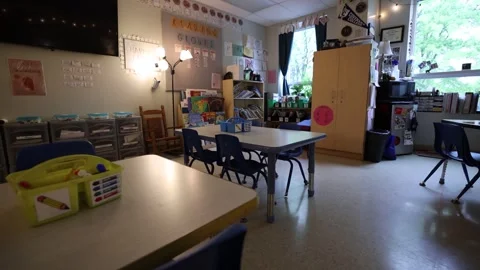 Empty Kindergarten Classroom Tracking Shot Over Student Desk Wide Angle Stock-Footage 315224636