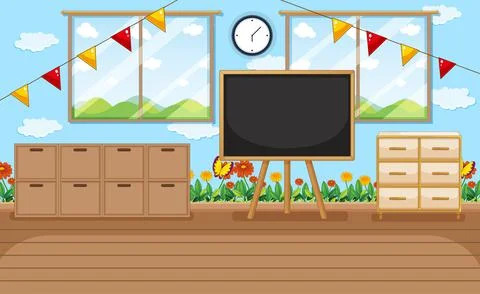 Empty kindergarten room with classroom objects and interior decoration Stock Illustration