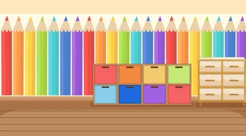 Empty kindergarten room with classroom objects and interior decoration 스톡 일러스트