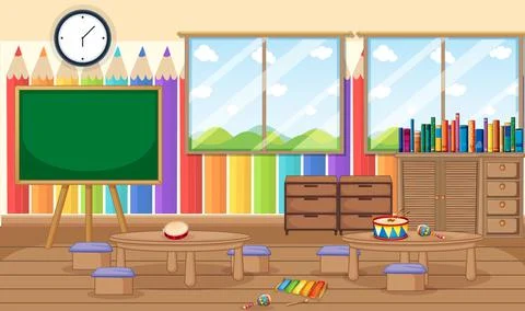 Empty kindergarten room with classroom objects and interior decoration Stock Illustration