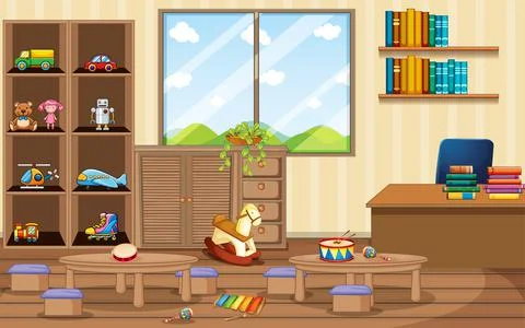 Empty kindergarten room with classroom objects and interior decoration Stock Illustration