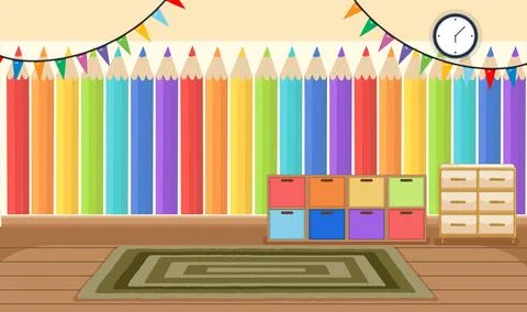 Empty kindergarten room with classroom objects and interior decoration Stock Illustration