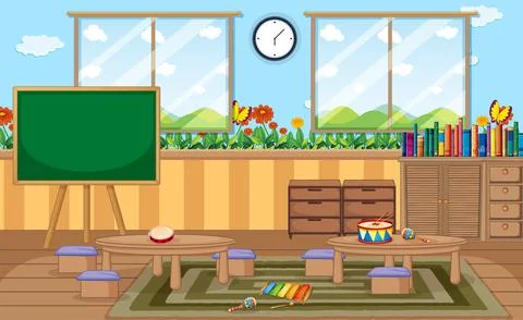 Empty kindergarten room with classroom objects and interior decoration 스톡 일러스트