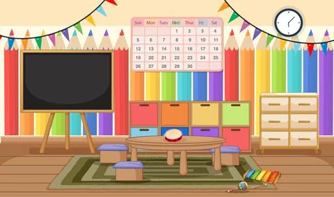 Empty kindergarten room with classroom objects and interior decoration 스톡 일러스트