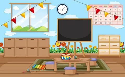 Empty kindergarten room with classroom objects and interior decoration Stock Illustration