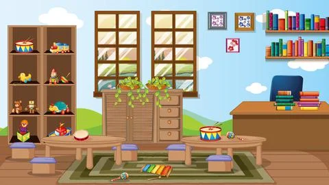 Empty kindergarten room with classroom objects and interior decoration 스톡 일러스트