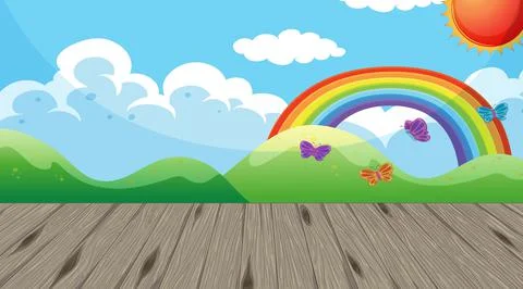 Empty kindergarten room with rainbow in the sky wallpaper Ilustración de archivo