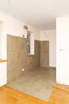 Empty kitchen Empty small corner kitchen with new tiles ,property released... Stock Photos