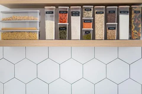 Empty kitchen interior in Nordic style with food placing in plastic boxes for Stock Photos