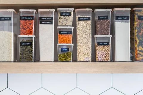 Empty kitchen interior in Nordic style with food placing in plastic boxes for Stock Photos