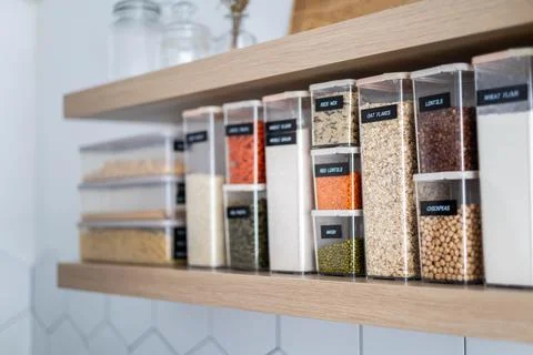Empty kitchen interior in Nordic style with food placing in plastic boxes for Stock Photos