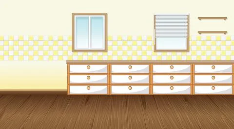 Empty kitchen room with counter cabinet and parquet floor Stock Illustration