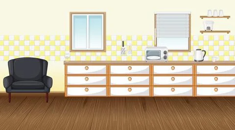Empty kitchen room with counter cabinet and parquet floor Stock Illustration