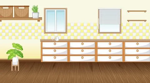 Empty kitchen room with counter cabinet and parquet floor Stock Illustration
