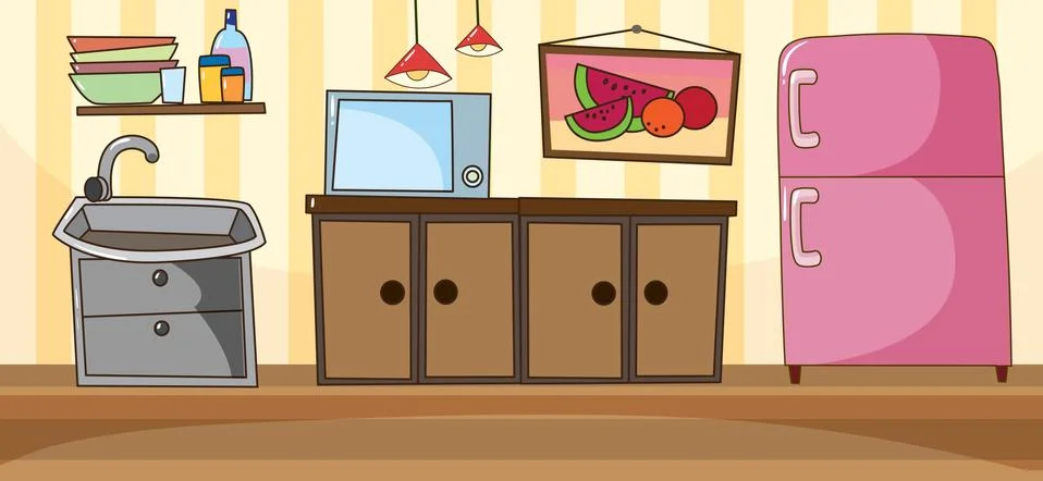 Empty kitchen room scene with kitchen elements Stock Illustration