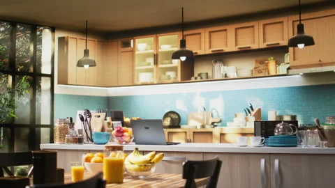 Empty kitchen table with croissants and homemade food for breakfast Video stock 323332264