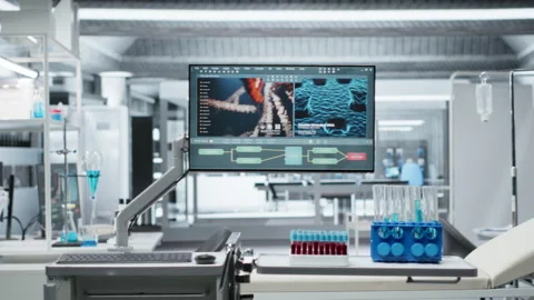 Empty lab filled with modern research equipment and computer screens 스톡 동영상 319212739