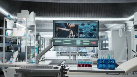 Empty lab filled with modern research equipment and computer screens 스톡 동영상 319368379