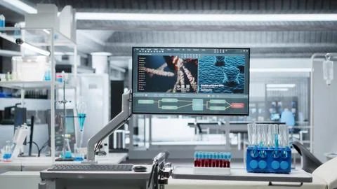 Empty lab filled with modern research equipment and computer screens 스톡 사진