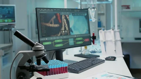 Empty laboratory with dna animation on computer 스톡 동영상 157597253