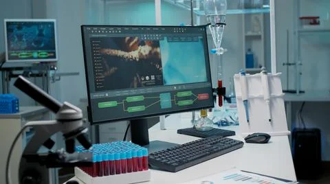 Empty laboratory with dna animation on computer Foto stock
