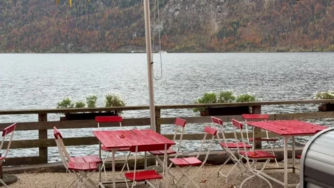 Empty Lakeside Cafe Tables with Scenic Autumn View Hallstatt Stock Footage 321473138