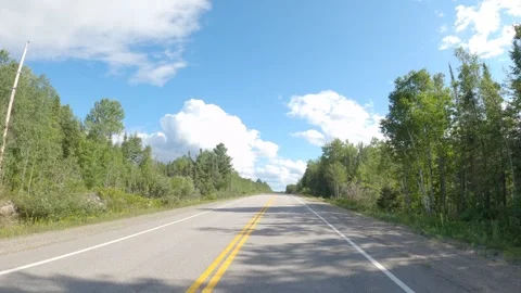 Empty lane highway through lush green forest under bright summer sky 库存影片 331290683