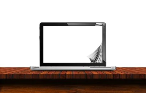 Empty Laptop Computer on a Wooden Table Isolated on White Background Stock Illustration