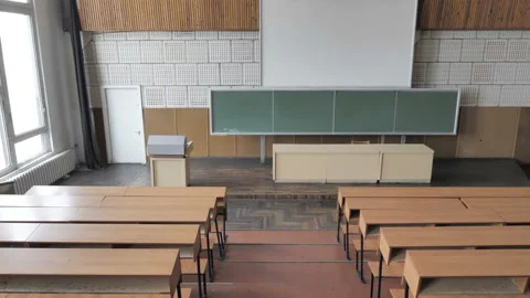 Empty Large Lecture Hall University, School. Blackboard, Rows Of Wooden Desks Stock Footage 170312242