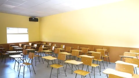 Empty learning classroom with educational furniture and study environment Stock Footage 336467801