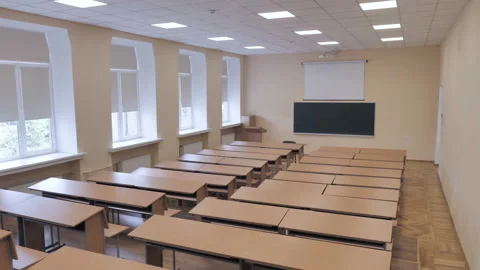 Empty Lecture Classroom Hall In College University. Among Rows To Blackboard 스톡 동영상 172312913