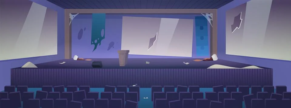 An empty lecture hall with broken screens, chairs, a dirty stage, debris, and Stock Illustration