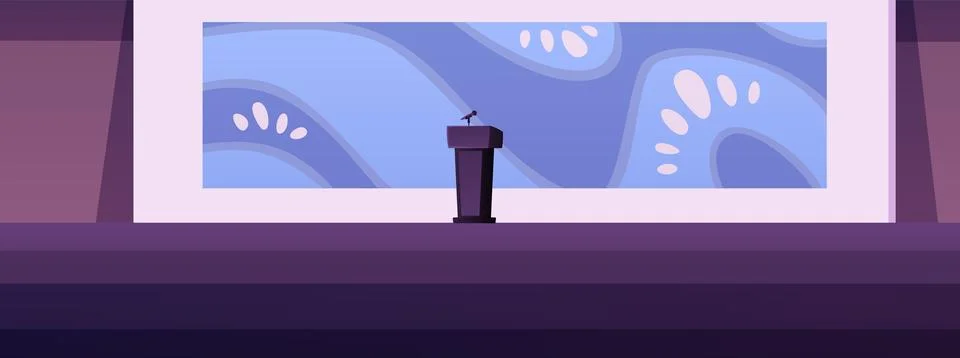 An empty lecture hall with a digital abstract screen, a podium on a stage with a イラスト素材
