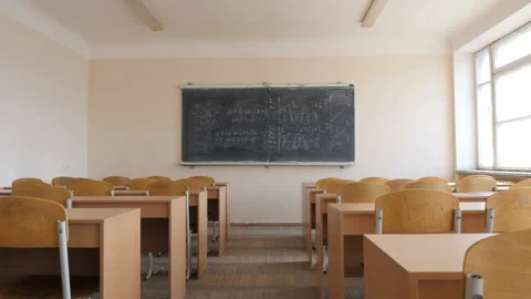 Empty lecture hall. Large blackboard, wooden furniture Stock Footage 91899336