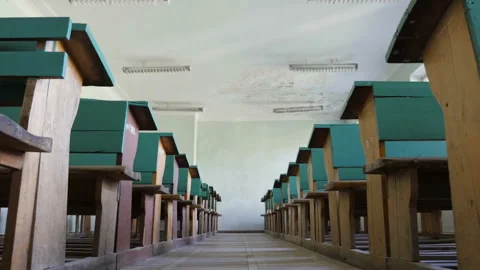 Empty Lecture Room From The Aisle Between Desks.   Stock Footage 129176131