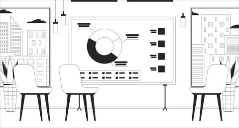 Empty lecture room charts presentation board black and white line illustratio Stock Illustration