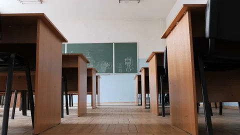 Empty Lecture Room, Classroom From The Aisle Between Desks Stock Footage 164901552