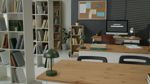 Empty Library Classroom Showing Study Space for Migrant Students Stock Footage 337475506
