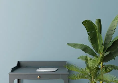 Empty light blue wall. Mock up interior in contemporary style. Close up view. Stock Photos