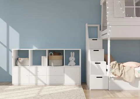 Empty light blue wall in modern child room. Mock up interior in scandinavian  Stock Photos