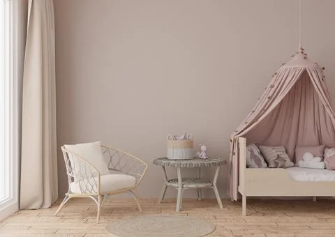 Empty light brown wall in modern child room. Mock up interior in scandinavian Stock Photos